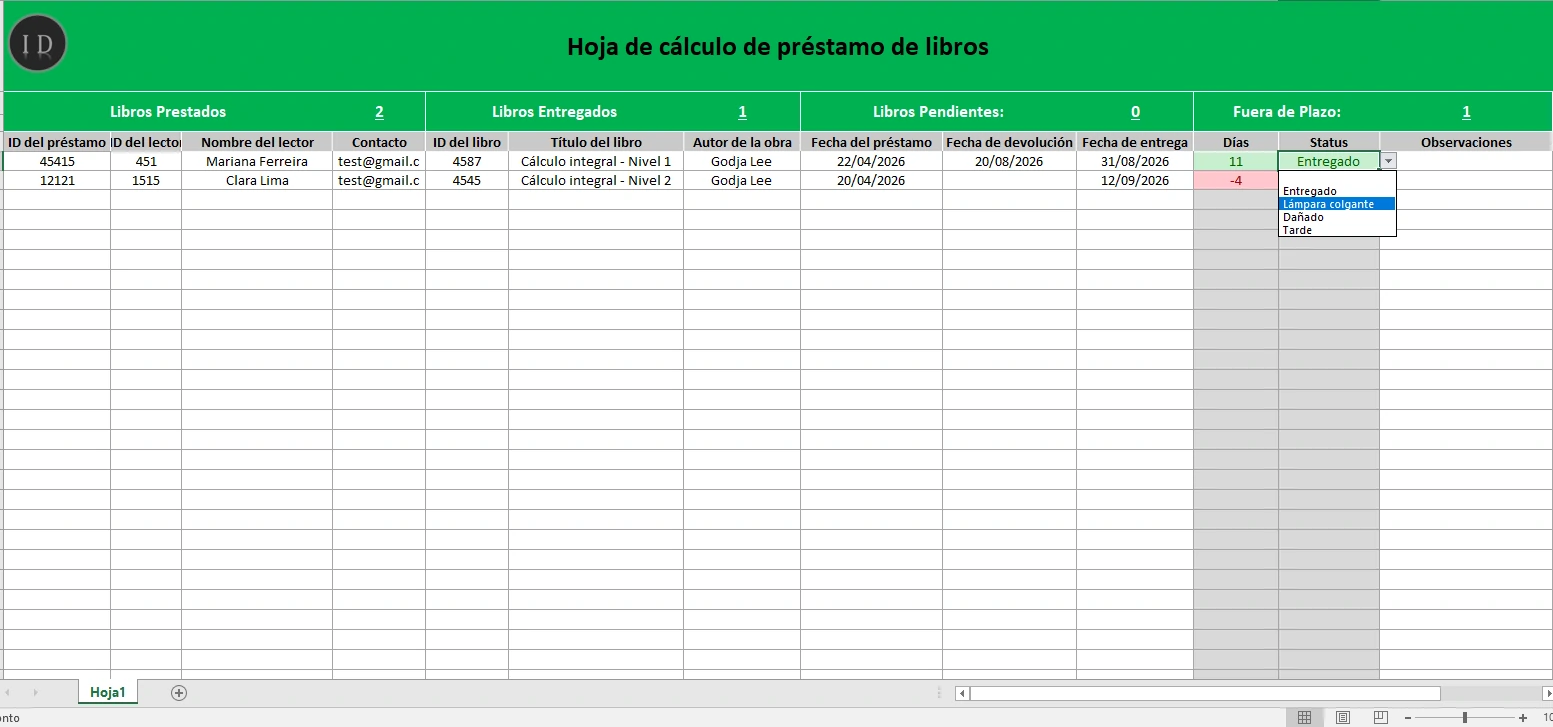 Hoja de cálculo préstamo de libros control
