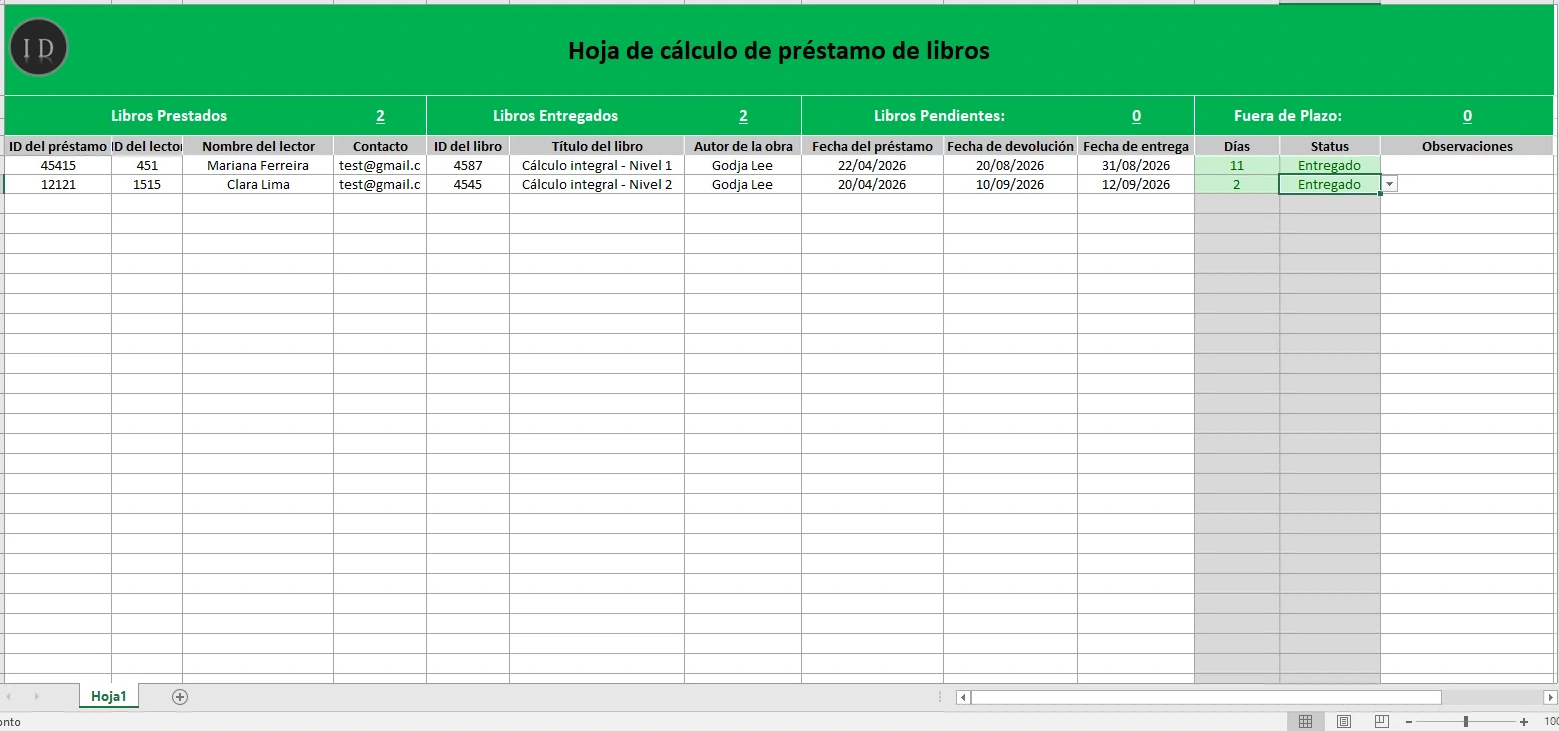 Hoja de cálculo préstamo de libros acervo
