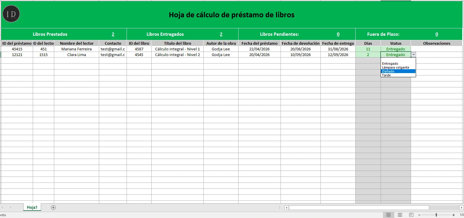 Hoja de cálculo préstamo de libros descargar
