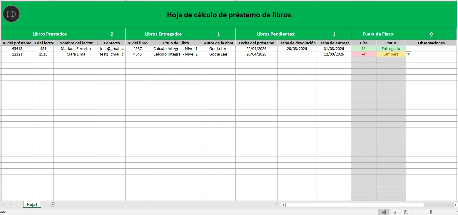 Hoja de cálculo préstamo de libros plantilla