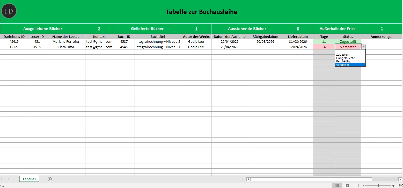 Tabellenkalkulation Buchausleihe Kontrolle