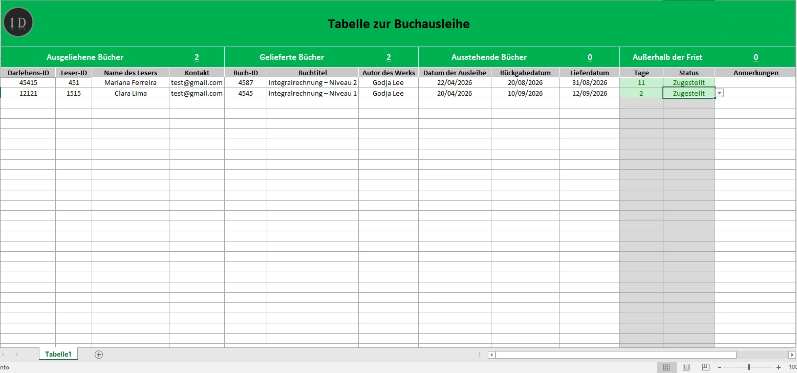 Tabellenkalkulation Buchausleihe Bestand