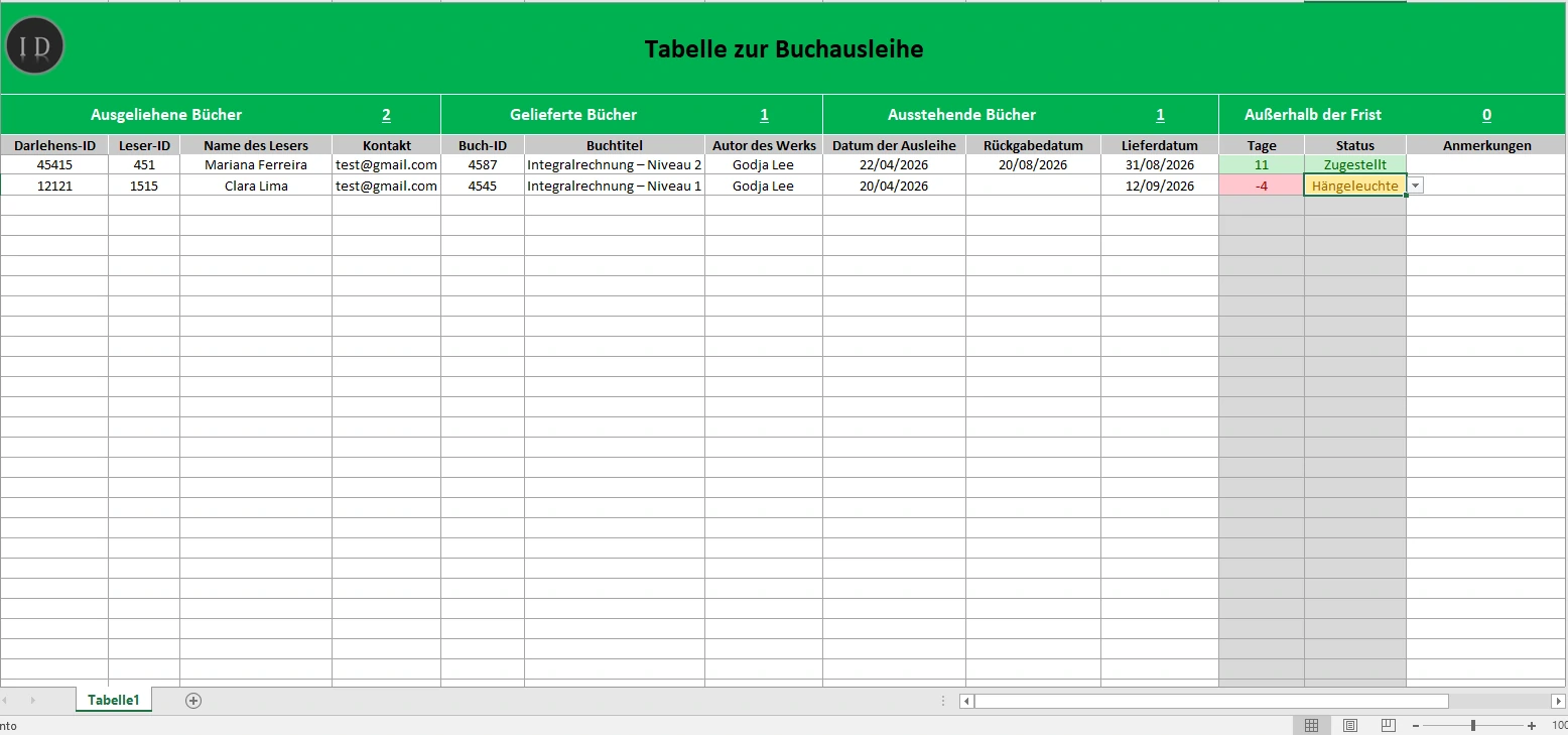 Tabellenkalkulation Buchausleihe Bibliothek