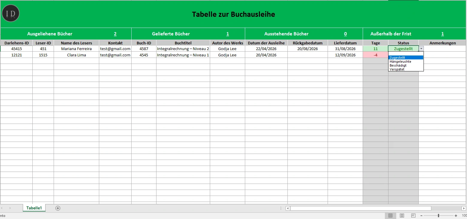 Tabellenkalkulation Buchausleihe Vorlage