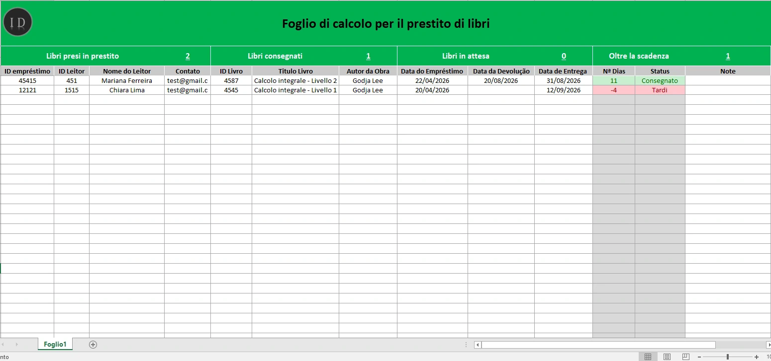 Foglio di calcolo prestito libri controllo