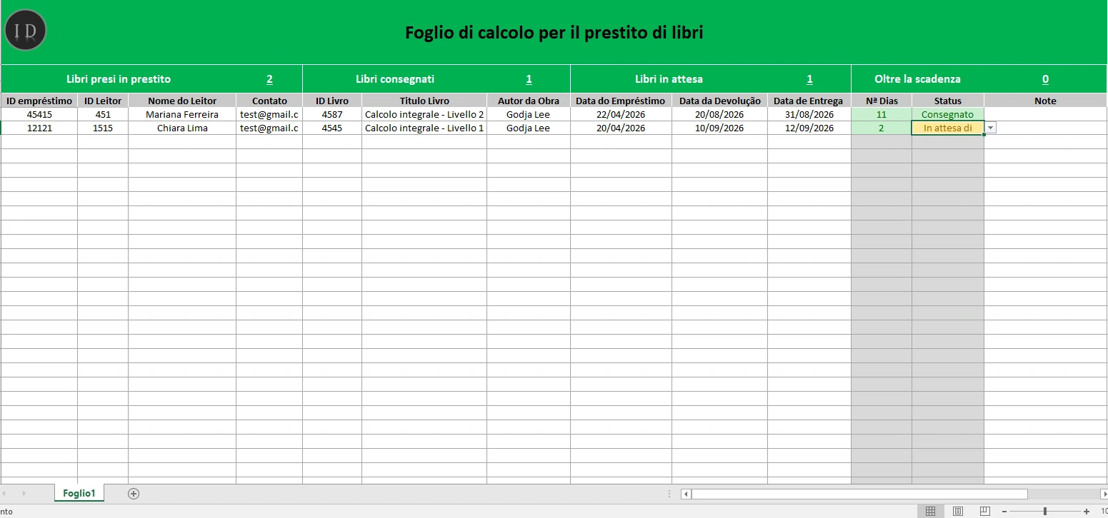 Foglio di calcolo prestito libri biblioteca