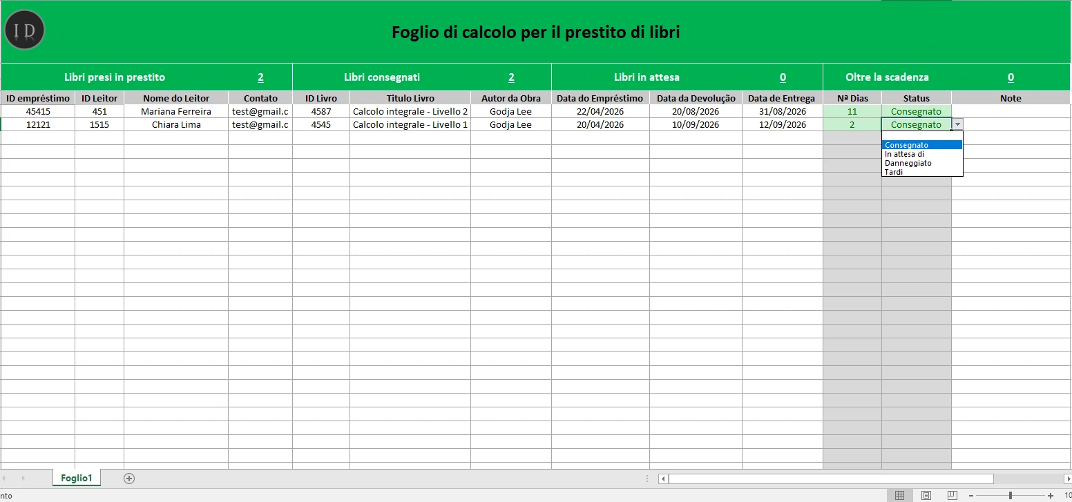Foglio di calcolo prestito libri modello