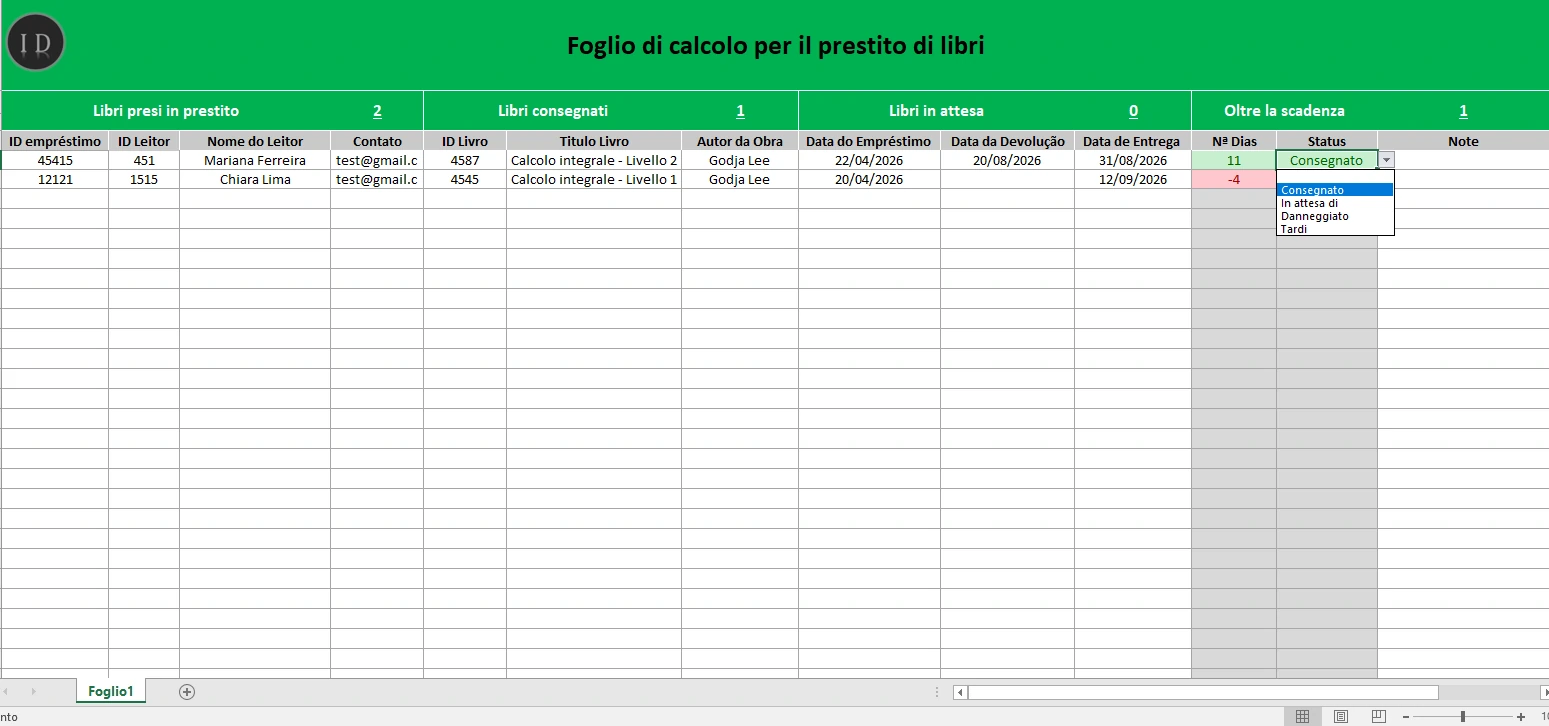 Foglio di calcolo prestito libri scaricare
