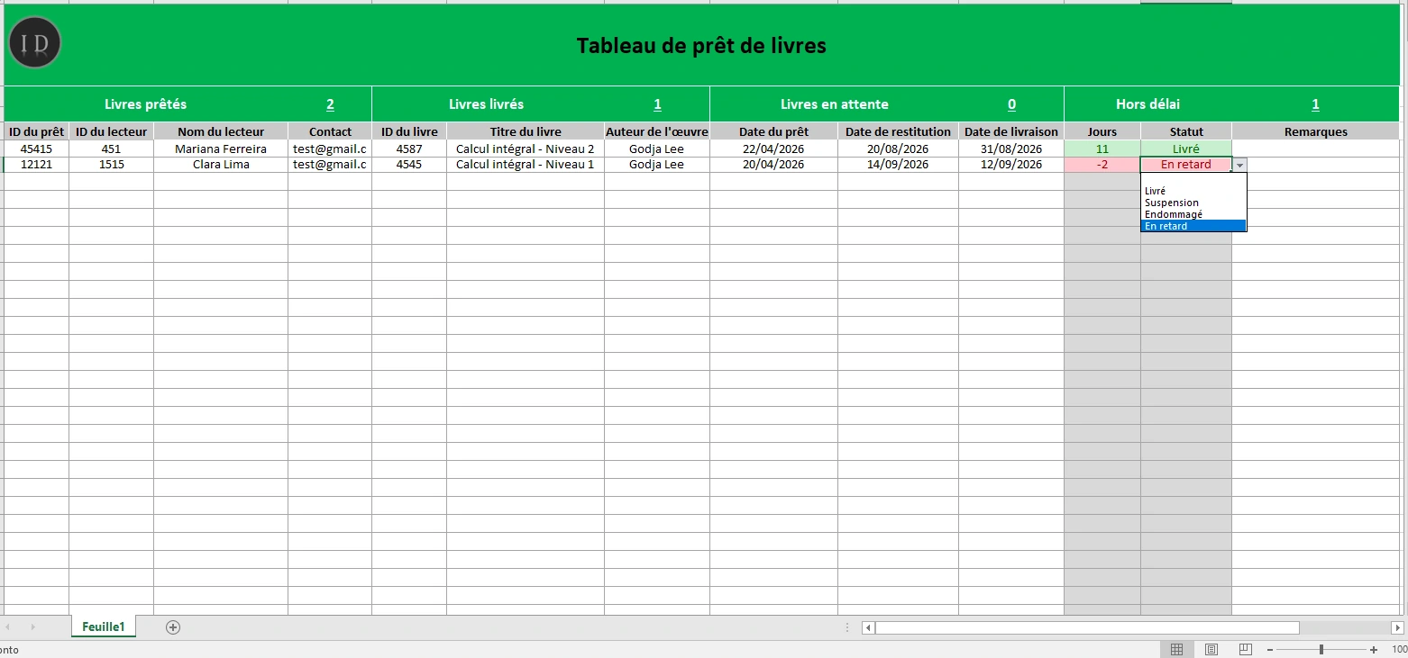 Feuille de calcul prêt de livres fonds