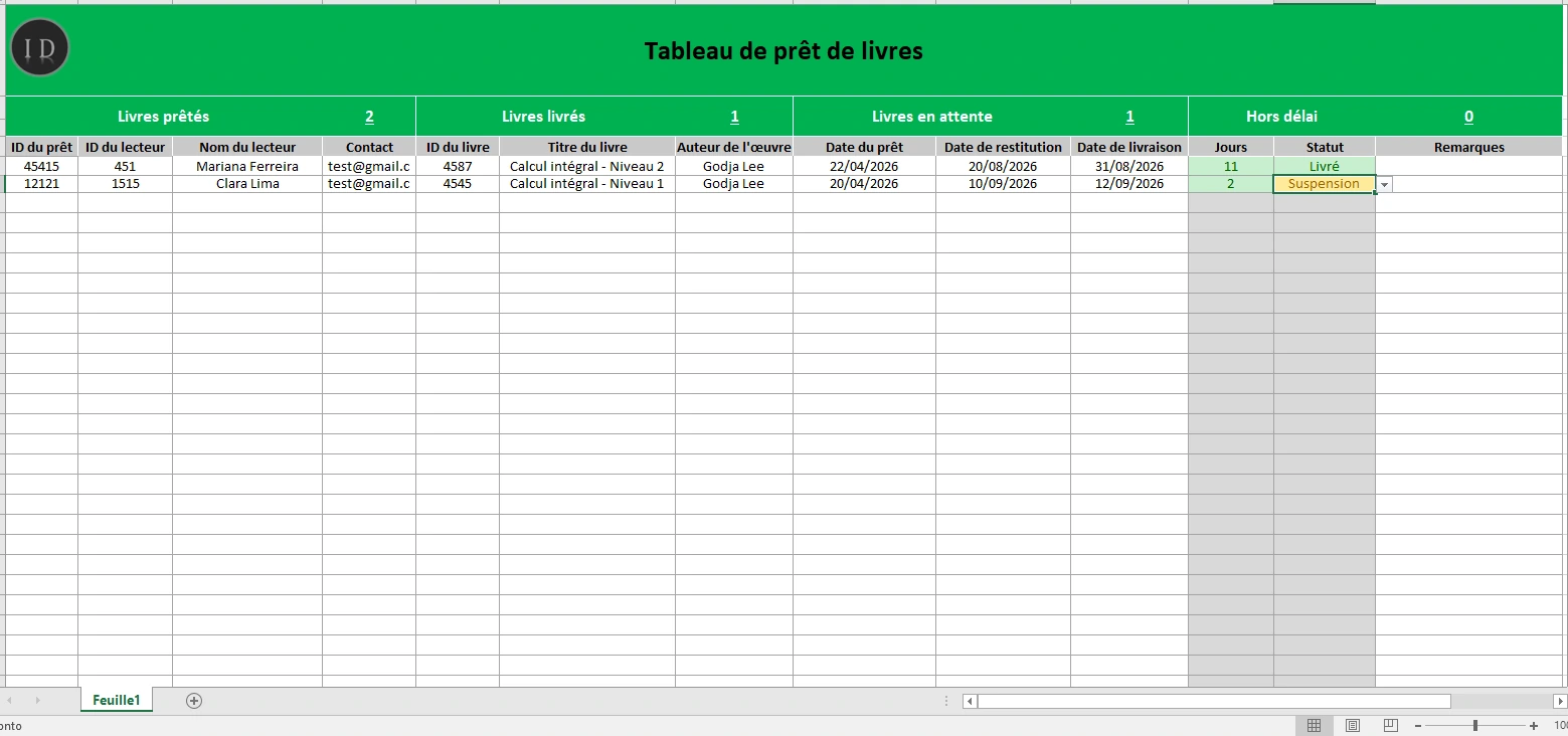 Feuille de calcul prêt de livres bibliothèque
