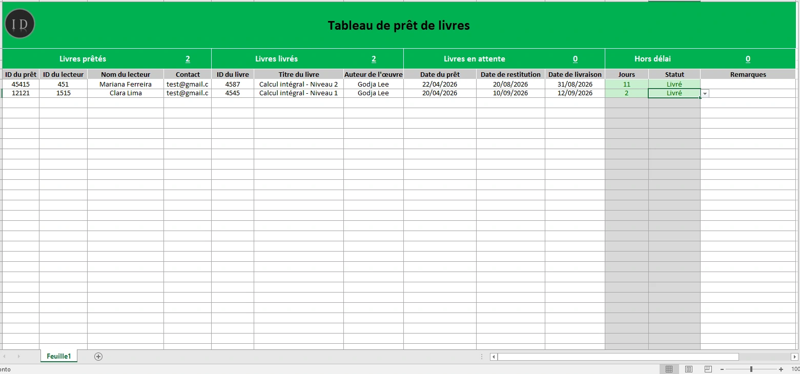 Feuille de calcul prêt de livres modèle