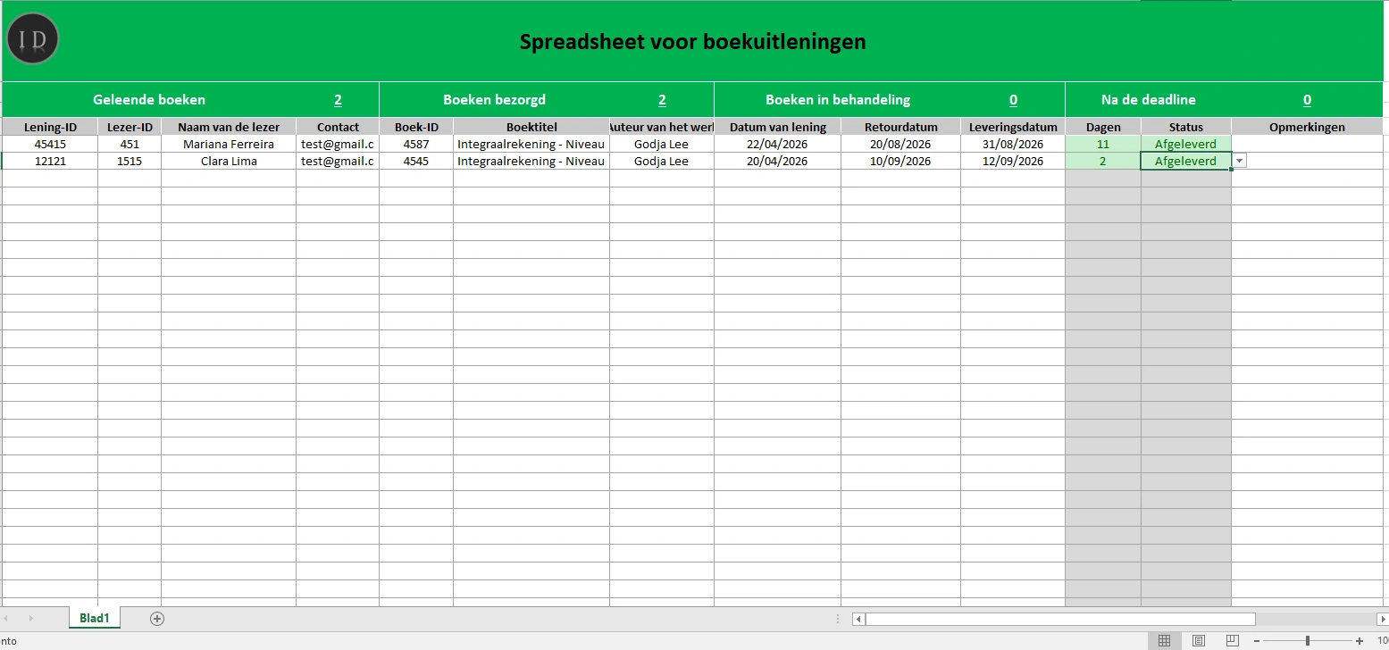 Spreadsheet boekuitlening bibliotheek