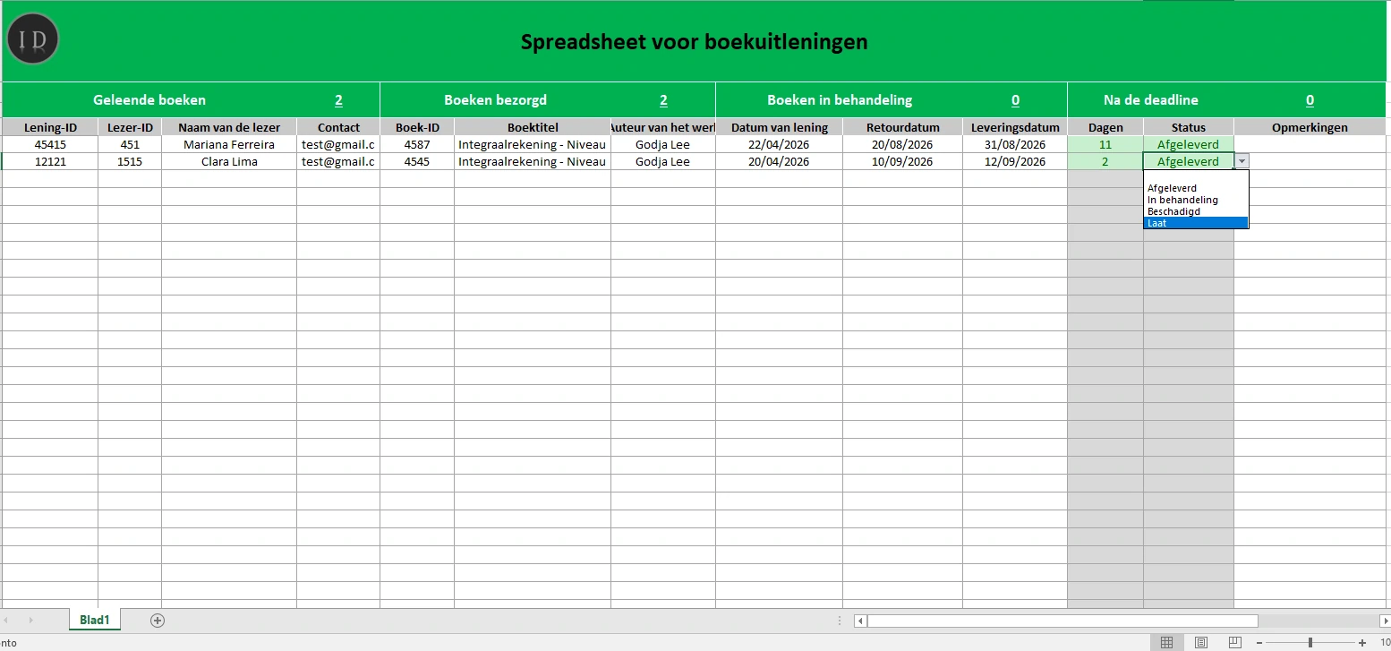 Spreadsheet boekuitlening collectie