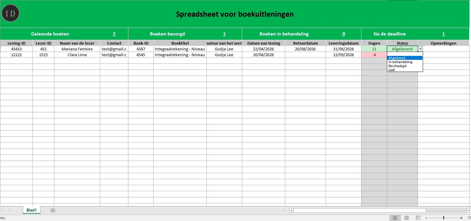 Spreadsheet boekuitlening sjabloon
