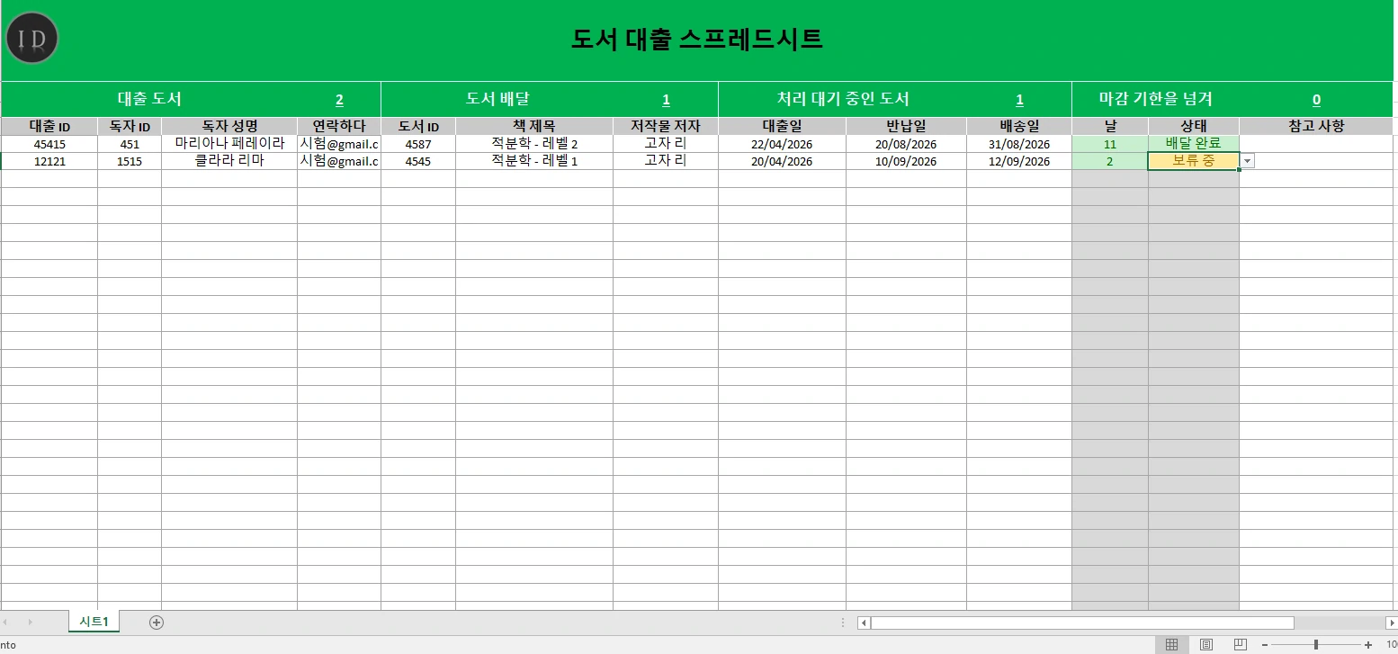 도서 대출 스프레드시트 도서관