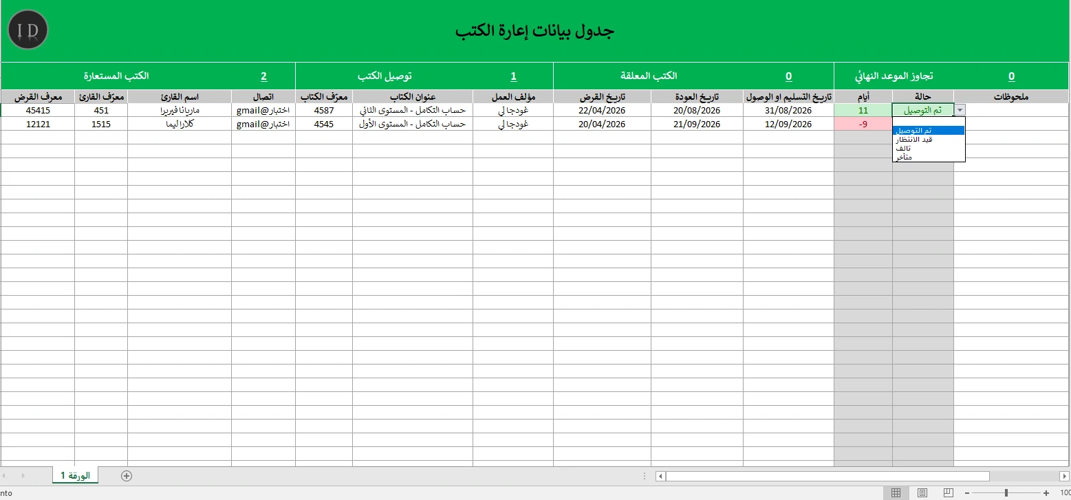 جدول استعارة الكتب تحكم