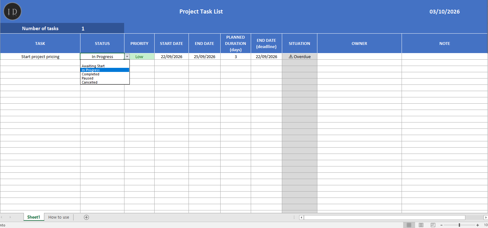Project task list management projects
