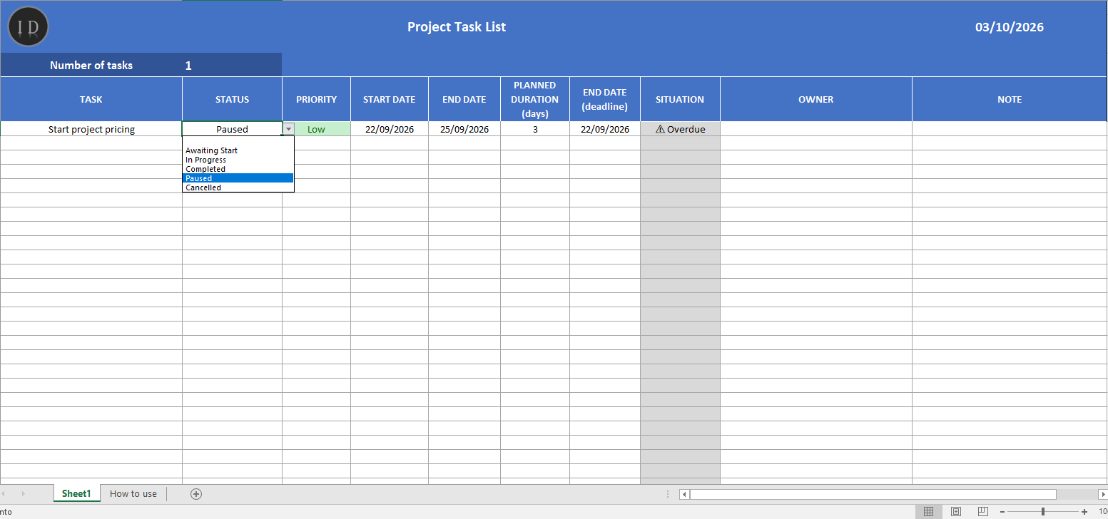 Project task list management