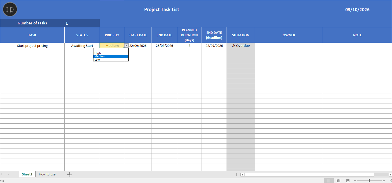 Project task list project management