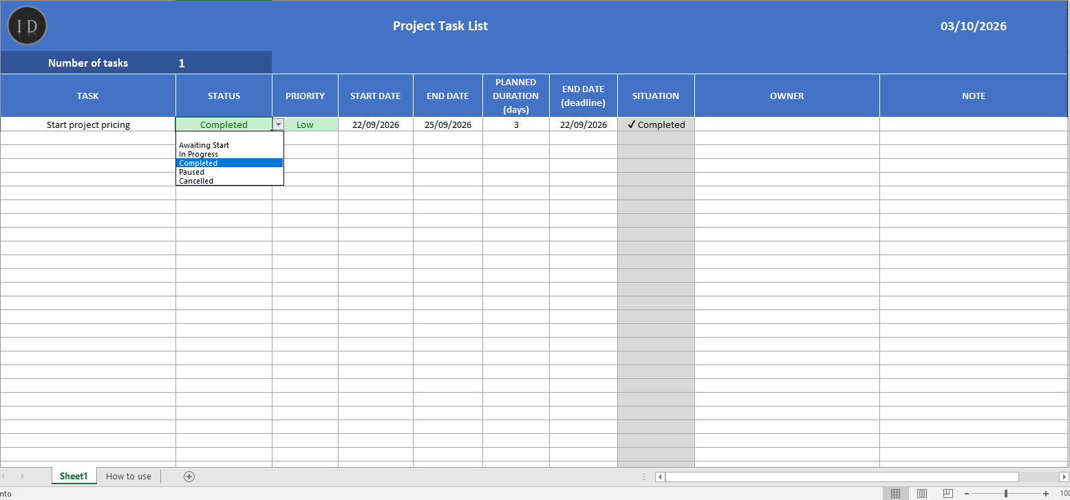 Project task list tracking