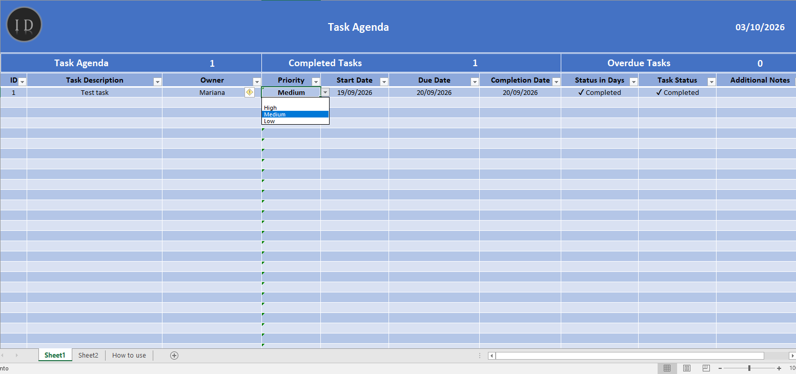 Task agenda spreadsheet activities