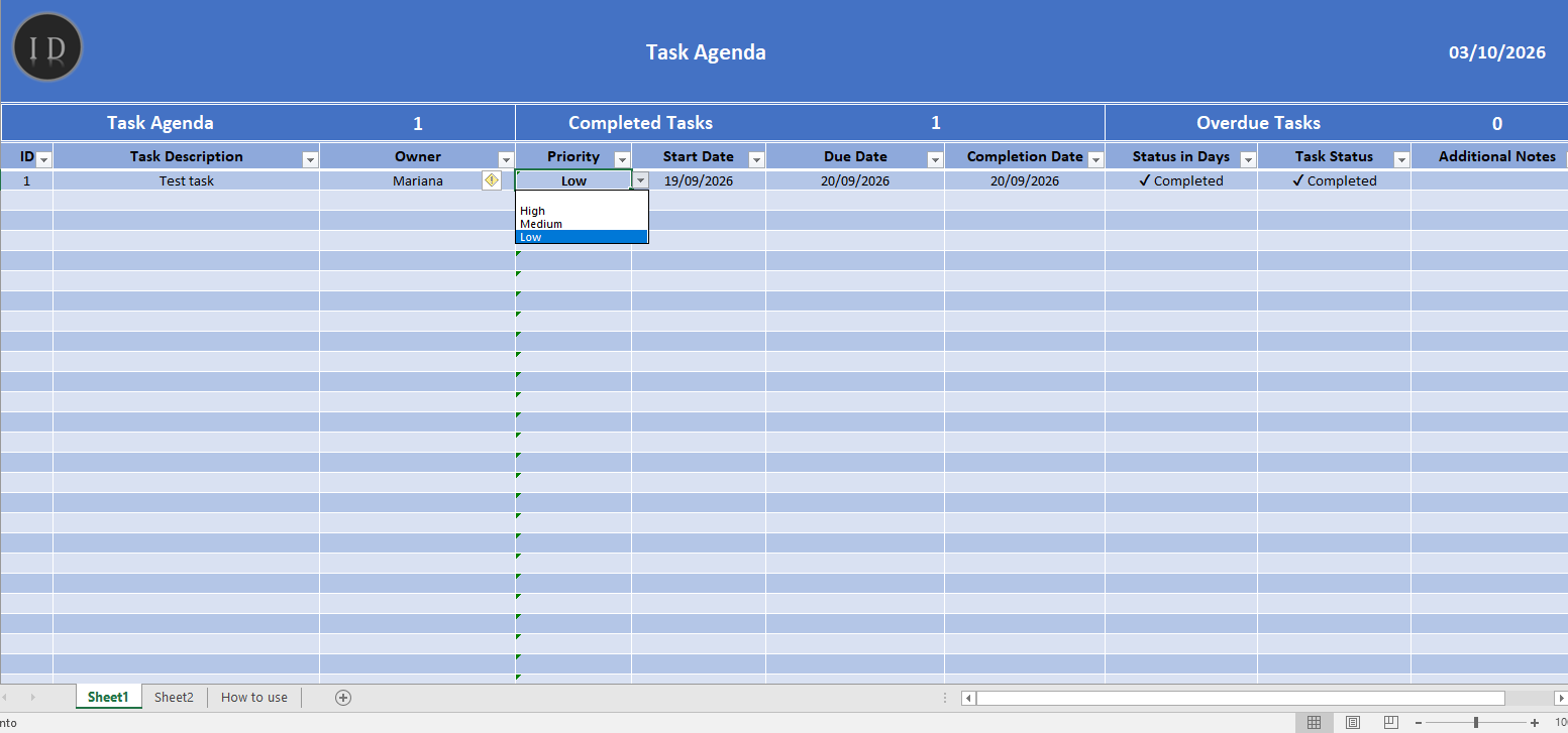 Task agenda spreadsheet control