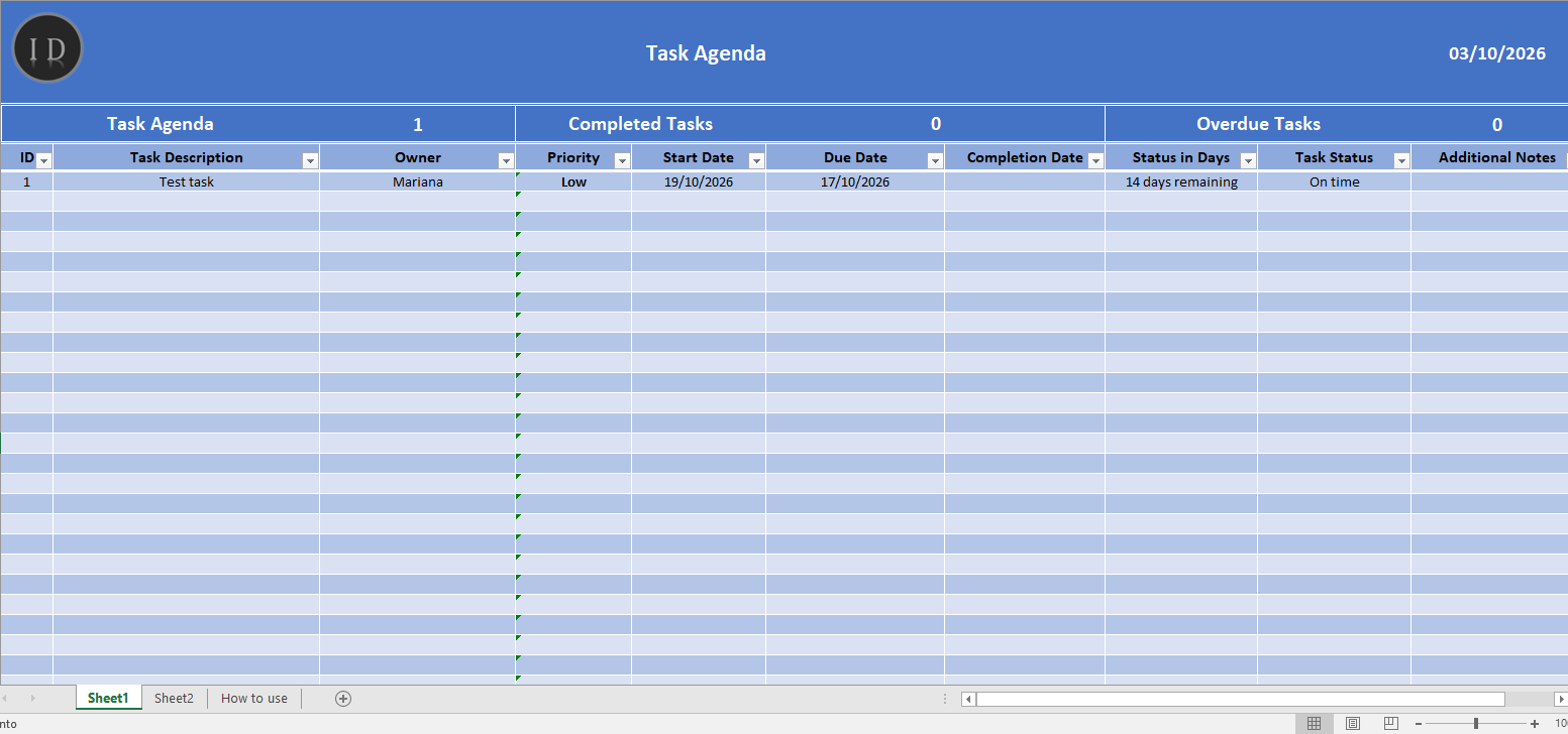Task agenda spreadsheet management