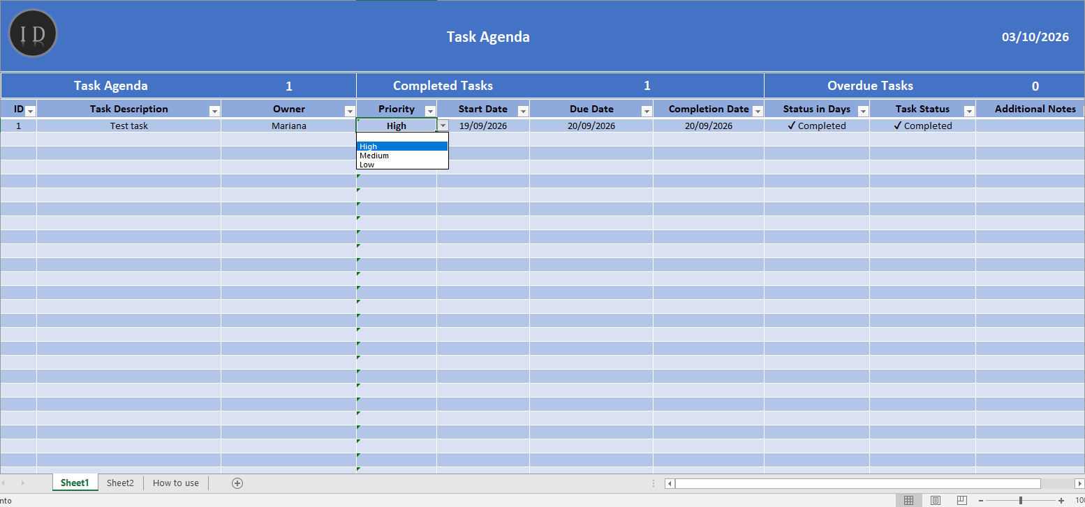 Task agenda spreadsheet tracking