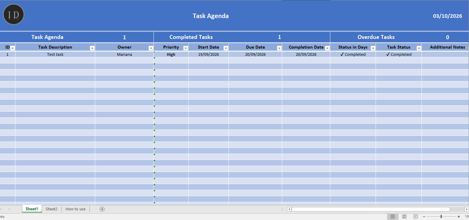 Task agenda spreadsheet