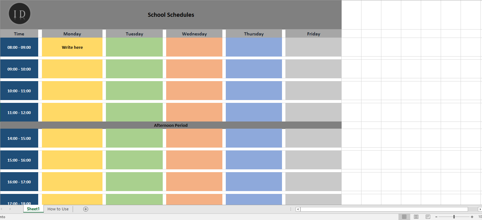 School schedule spreadsheet organization