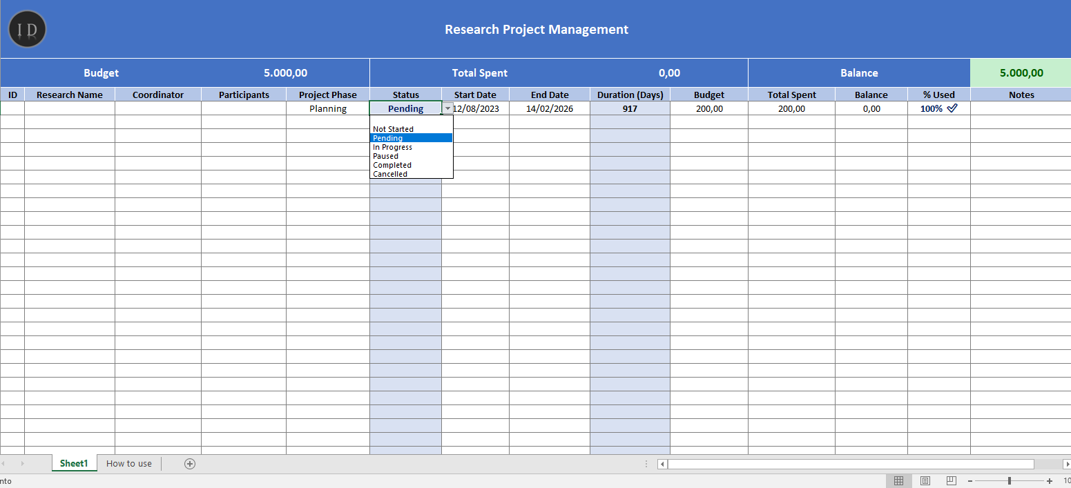 Research project management spreadsheet control