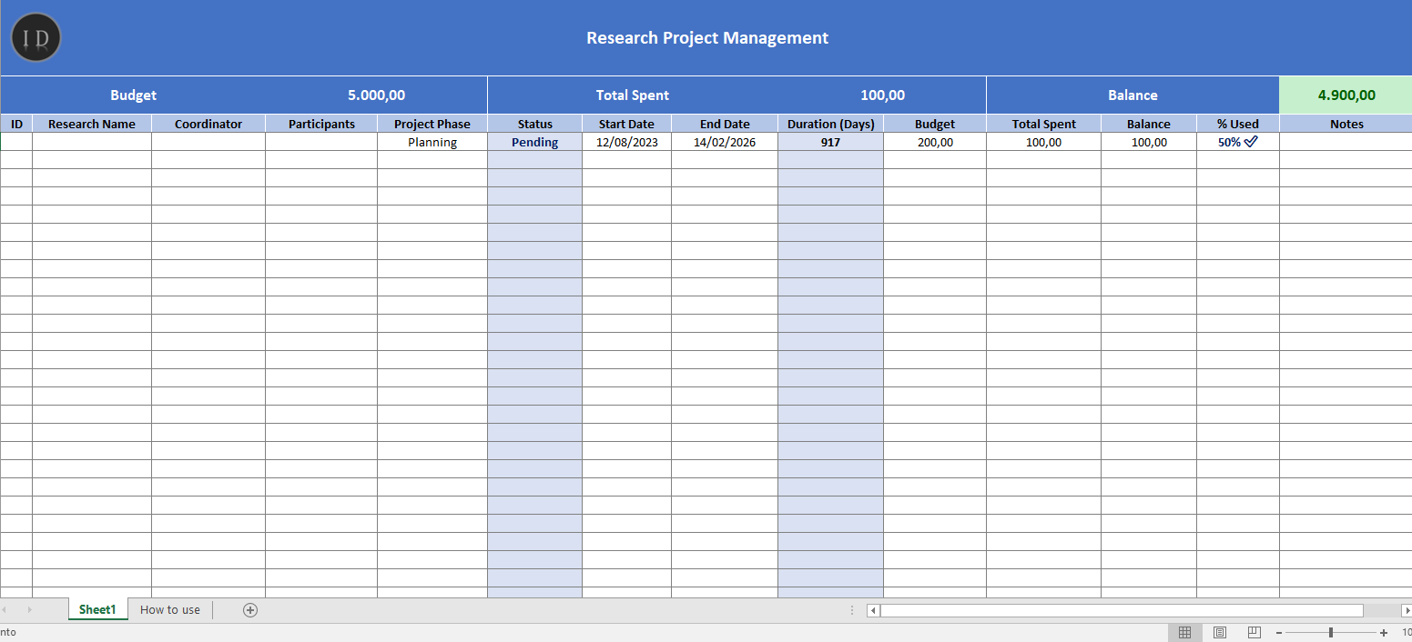 Research project management spreadsheet schedule