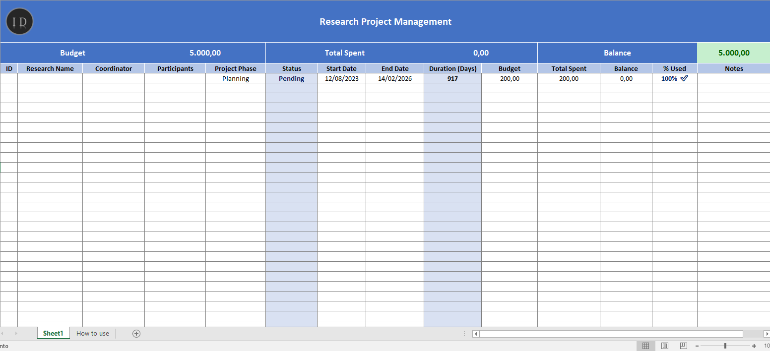 Research project management spreadsheet